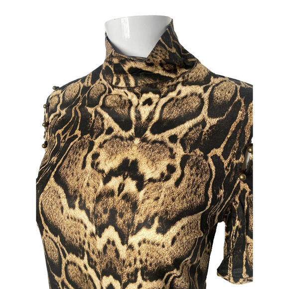 Vintage 2003 Roberto Cavalli M Short Sleeve Turtleneck Animal Print Top Brown - Picture 4 of 9